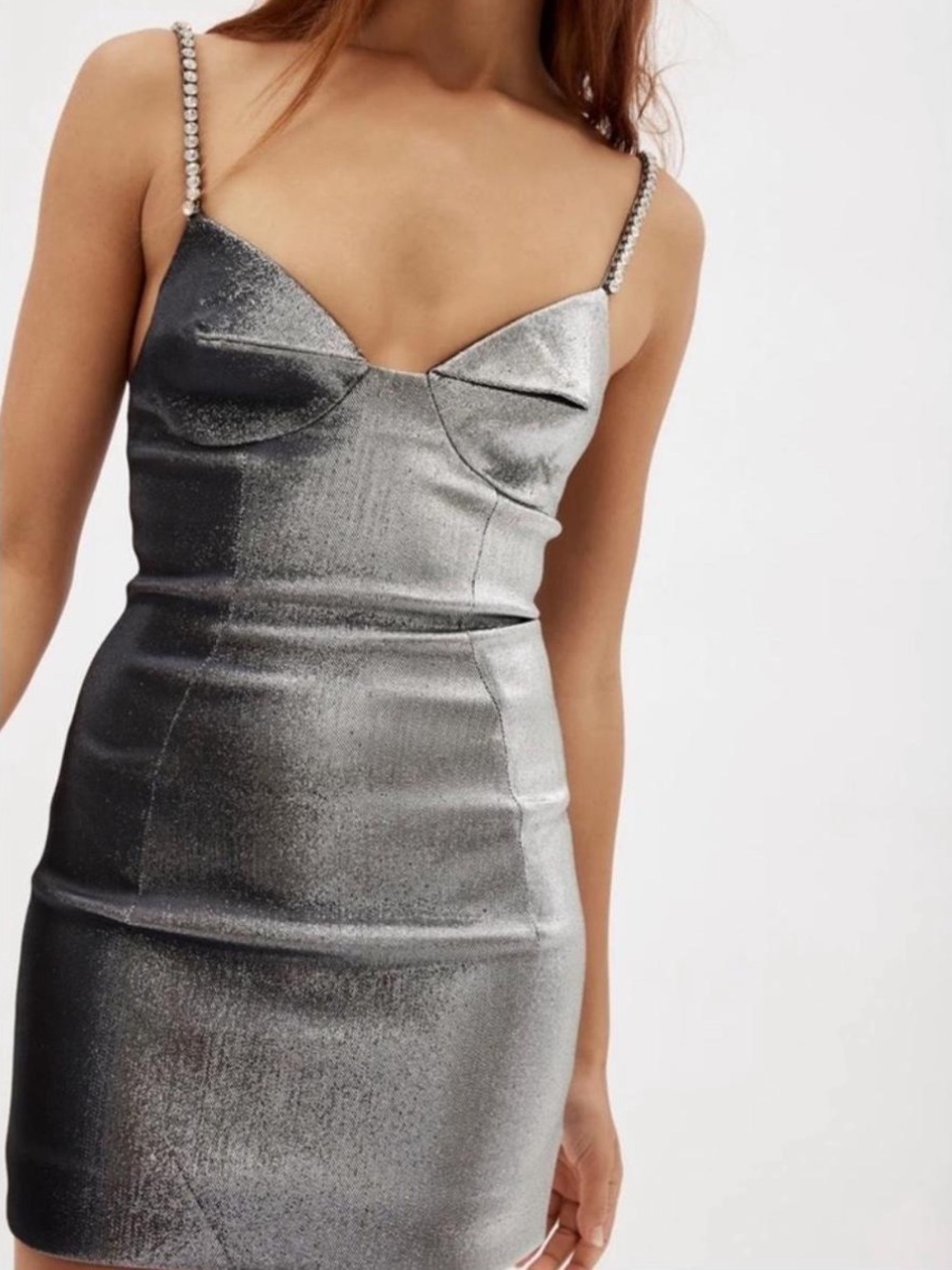 AREA Silver Metallic Mini Dress with Jeweled Straps